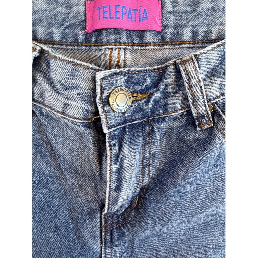 Telepatia Wide Leg Jeans Light Wash Blue Bow Back Pocket Embroidery Size 3/26 - Picture 6 of 8